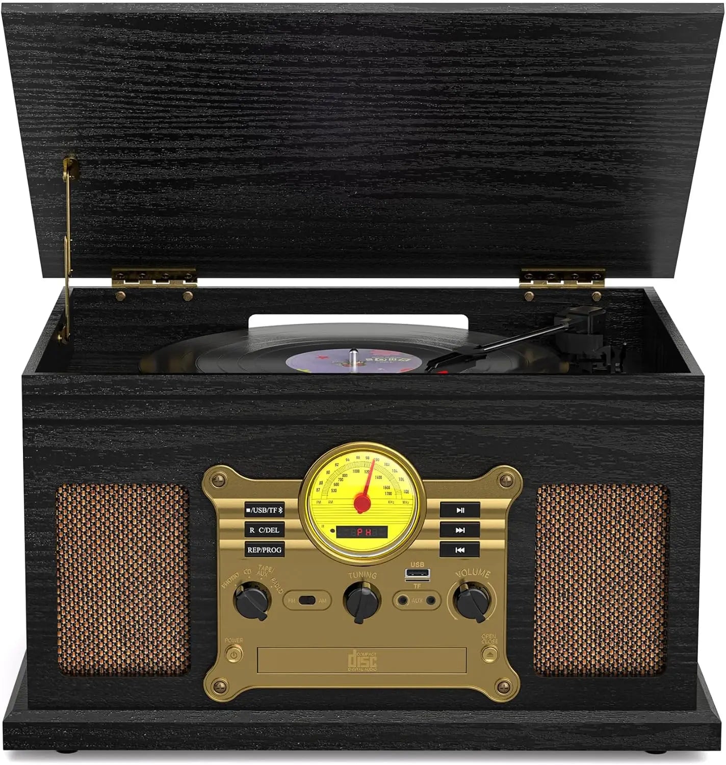 10-in-1 Vintage Bluetooth Turntable with Speakers, Vinyl CD Cassette Player & AM/FM Radio