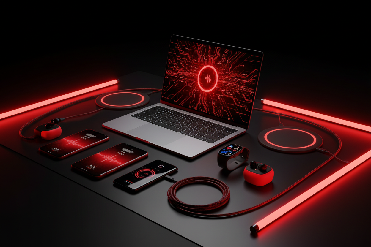 create a realisitc image showing tech stuff like computer, wireless chargers, etc, make it red and vibey